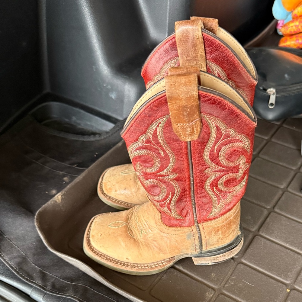 Kids Western Leather Cowboy Boots - Red and Tan